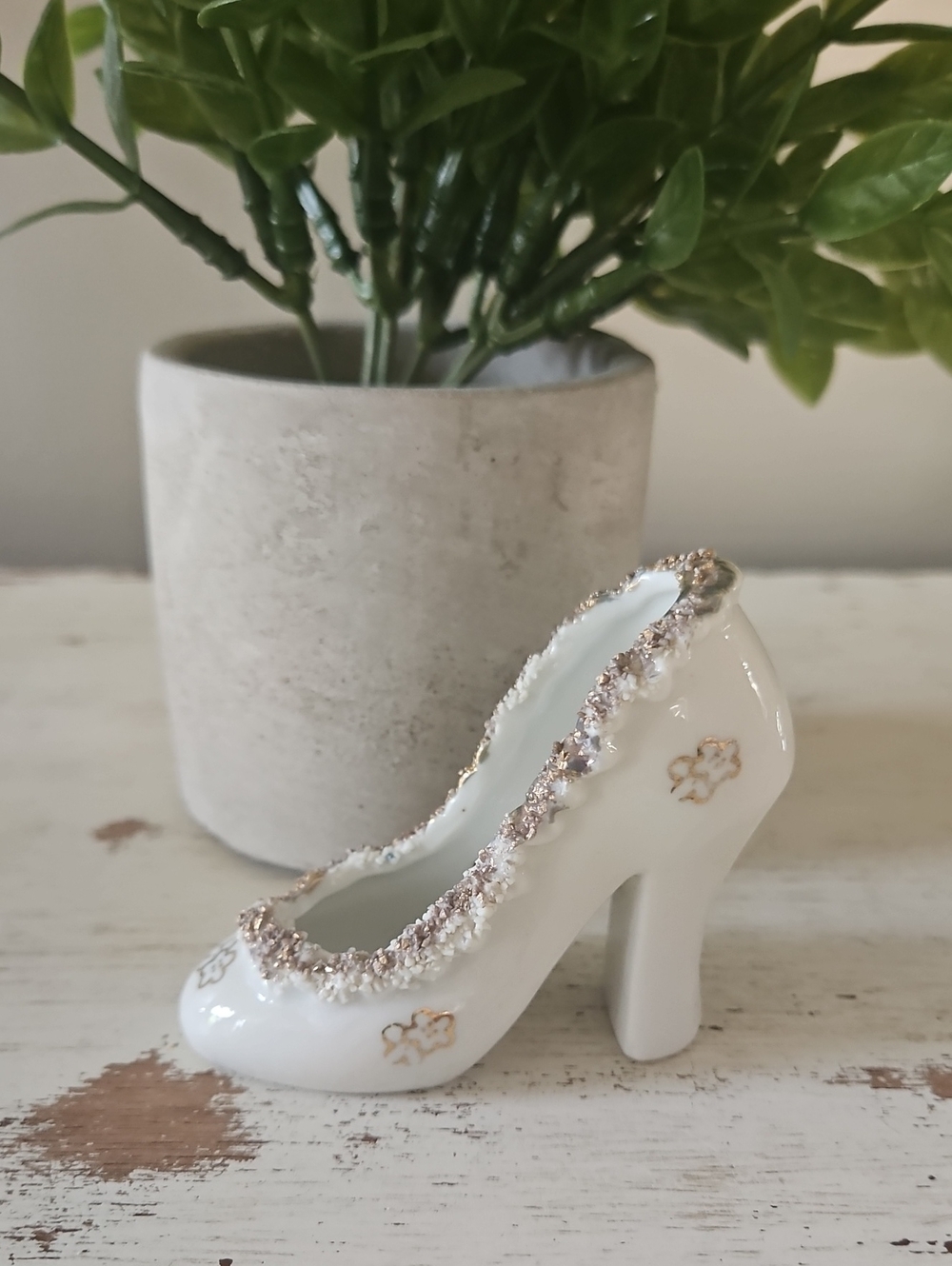 Vintage White Collectable High Heel Shoe Trinket Dish with Gold Trim- Japan